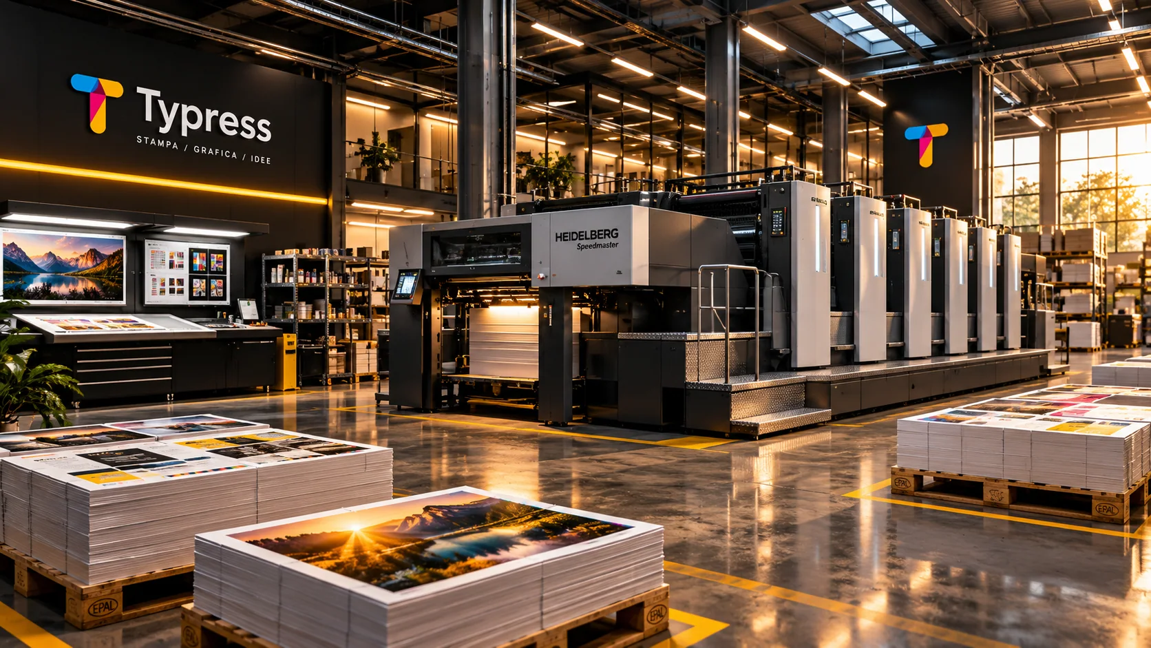 Laboratorio Typress con Heidelberg Speedmaster e materiali in produzione.